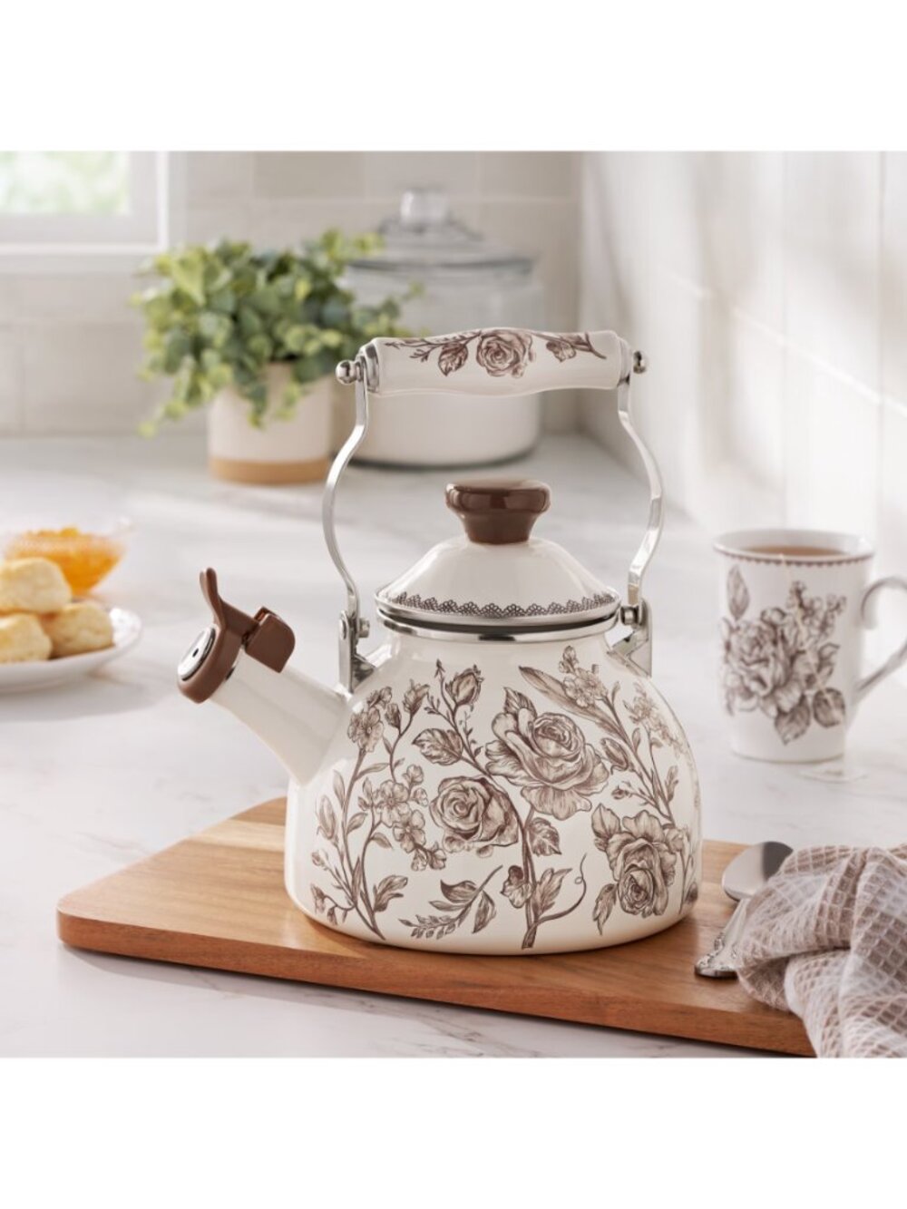 The Pioneer Woman Brown Enamel on Steel Agatha 2.0-Quart Whistling Tea Kettle